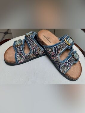 Etereo handmade beaded encrusted denim Dbl Buckle Birkenstock style slides sz 9